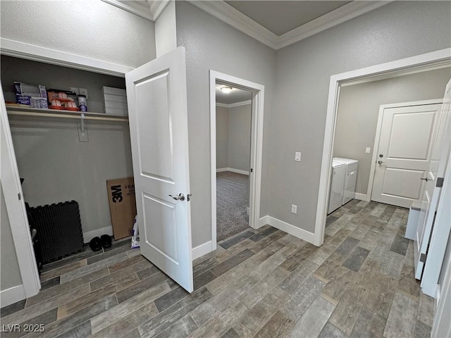 210 Magnolia Blvd, Pahrump, NV 89048 - laundry area featuring wood finished floors, crown molding, and separate washer and dryer