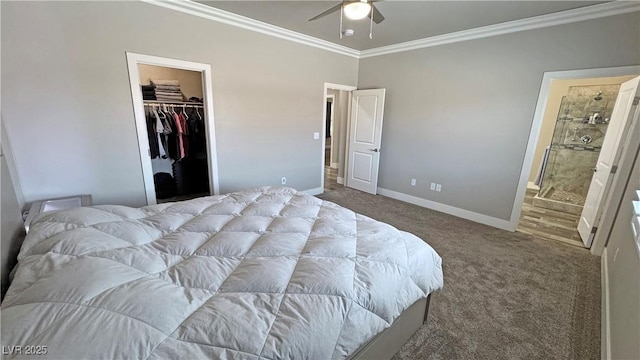 210 Magnolia Blvd, Pahrump, NV 89048 - carpeted bedroom featuring crown molding, ensuite bath, a walk in closet, a closet, and ceiling fan