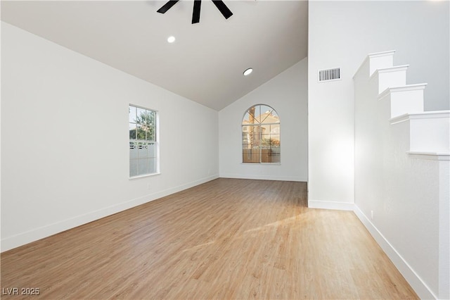 2107 Fountain Springs Dr, Henderson, NV 89074 - unfurnished room with a ceiling fan, light wood-style floors, high vaulted ceiling, and recessed lighting
