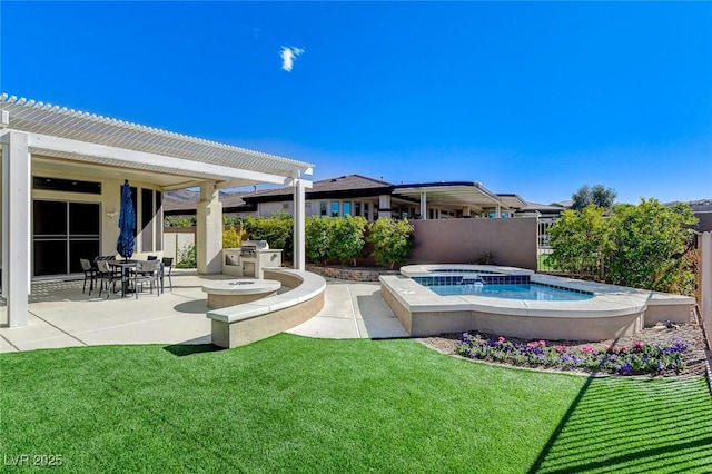 33 Hassayampa Trl, Henderson, NV 89052 - view of pool with an in-ground hot tub, a lawn, a patio, and exterior kitchen