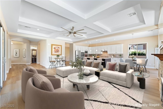 12168 Dorada Coast Ave, Las Vegas, NV 89138 - living room with a ceiling fan, light wood-type flooring, coffered ceiling, recessed lighting, and beam ceiling