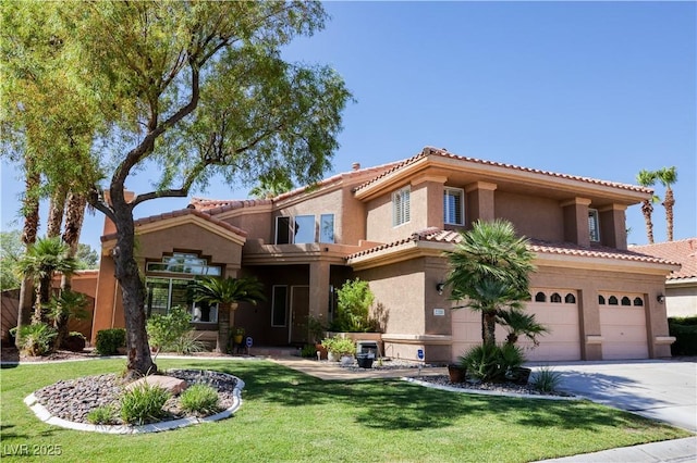 2208 Fiero Dr, Las Vegas, NV 89134 - mediterranean / spanish home featuring a garage, a front yard, driveway, stucco siding, and a tiled roof
