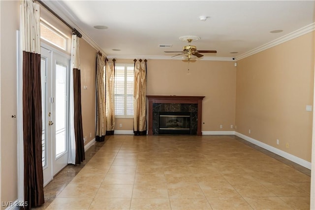 2208 Fiero Dr, Las Vegas, NV 89134 - unfurnished living room with a ceiling fan, ornamental molding, a premium fireplace, and light tile patterned flooring