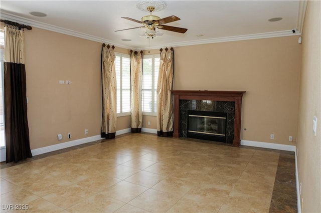 2208 Fiero Dr, Las Vegas, NV 89134 - unfurnished living room with ceiling fan, crown molding, a high end fireplace, and light tile patterned flooring