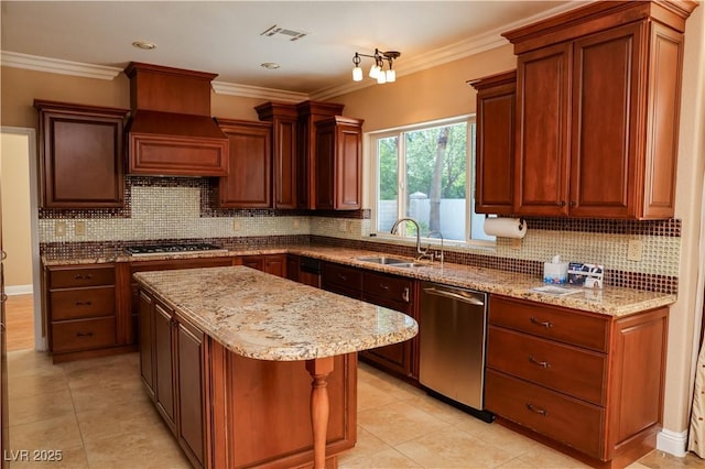 2208 Fiero Dr, Las Vegas, NV 89134 - kitchen with stainless steel appliances, custom exhaust hood, a kitchen island, light stone countertops, and light tile patterned floors