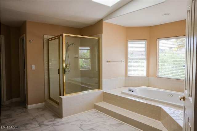 2208 Fiero Dr, Las Vegas, NV 89134 - full bath featuring a garden tub, marble look tile flooring, and a stall shower