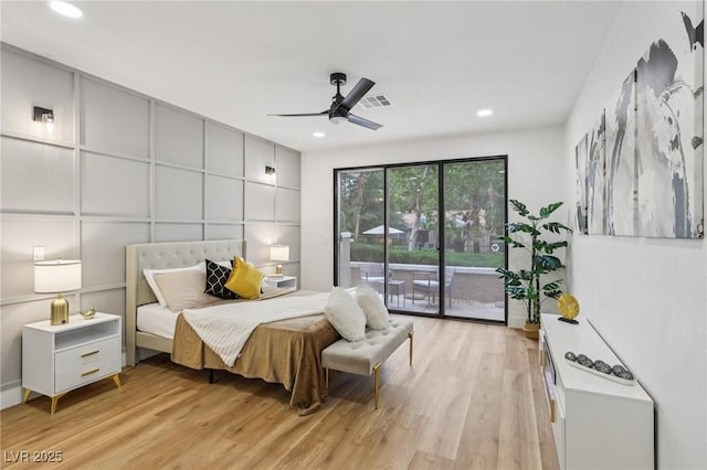 9900 Summer Ash Ct Unit 103, Las Vegas, NV 89134 - bedroom featuring access to exterior, light wood-type flooring, recessed lighting, and a ceiling fan