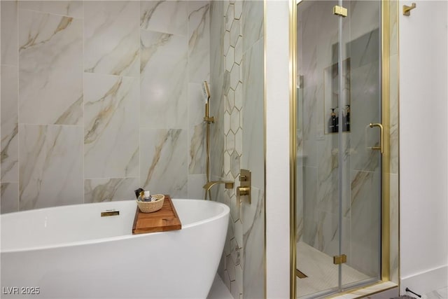 4774 Walteta Way, Las Vegas, NV 89119 - full bath with a marble finish shower, a freestanding tub, and tile walls