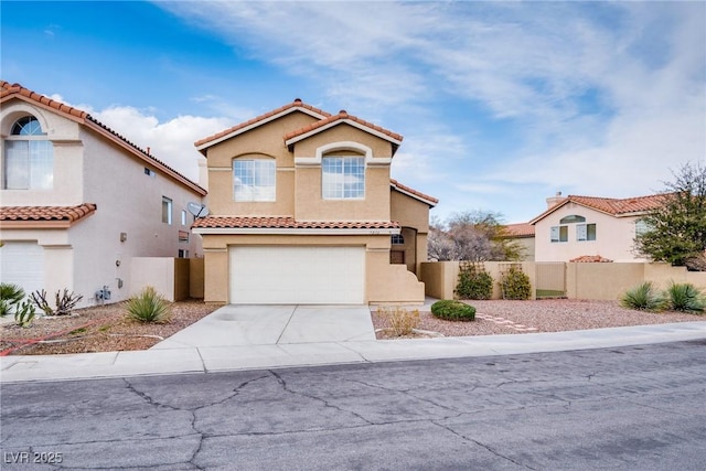 7816 Calico Flower Ave, Las Vegas, NV 89128 - mediterranean / spanish-style home with a tile roof, an attached garage, stucco siding, and concrete driveway