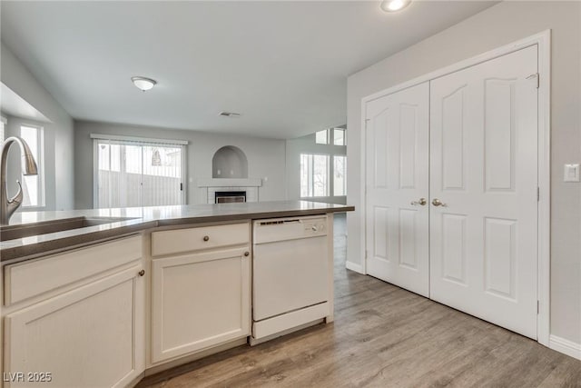 7816 Calico Flower Ave, Las Vegas, NV 89128 - kitchen with dishwasher, a fireplace, light wood-style floors, and recessed lighting