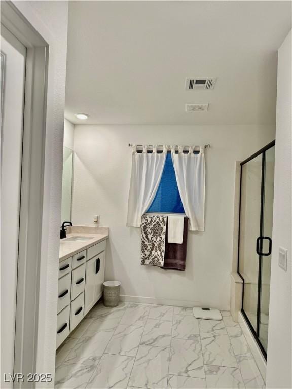 10411 Rose Palisade St, Las Vegas, NV 89141 - full bath featuring vanity, marble look tiles, and a shower stall