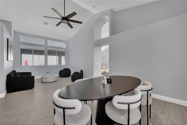 5509 Rose Thicket St, Las Vegas, NV 89130 - dining room featuring a ceiling fan, high vaulted ceiling, and light wood-style floors