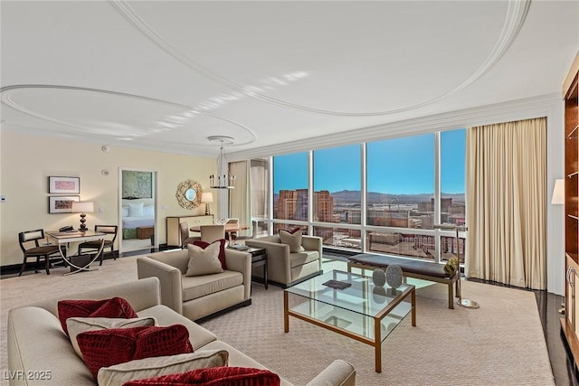 2000 Fashion Show Dr Unit 6109, Las Vegas, NV 89109 - carpeted living area featuring a mountain view, floor to ceiling windows, and ornamental molding