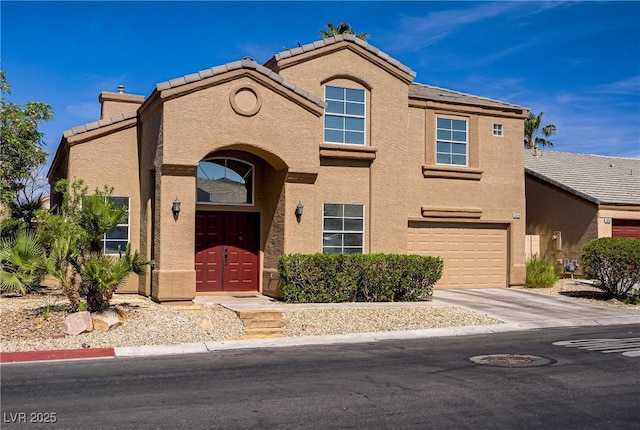 3420 Lockport St, Las Vegas, NV 89129 - view of front of home featuring stucco siding, concrete driveway, an attached garage, a chimney, and a tile roof