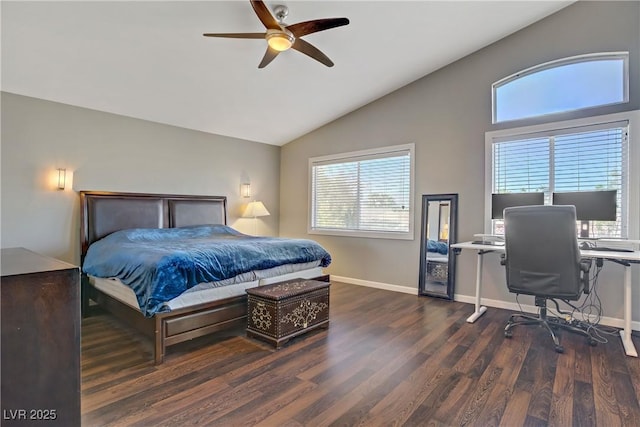 3420 Lockport St, Las Vegas, NV 89129 - bedroom featuring lofted ceiling, wood finished floors, multiple windows, an office area, and ceiling fan