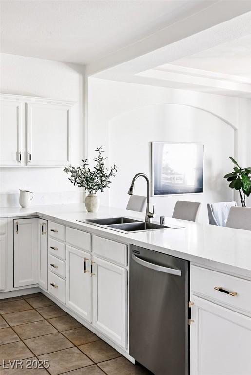 9430 Laguna Niguel Dr Unit 203, Las Vegas, NV 89134 - kitchen featuring stainless steel dishwasher, light tile patterned floors, white cabinets, and light countertops