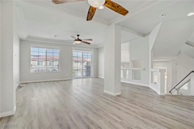 9784 Kodiak Island Ct, Las Vegas, NV 89141 - unfurnished living room featuring a ceiling fan, crown molding, and wood finished floors