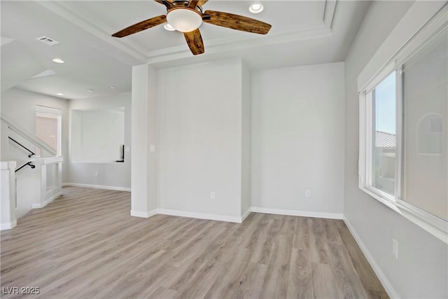 9784 Kodiak Island Ct, Las Vegas, NV 89141 - unfurnished room featuring a raised ceiling, light wood-type flooring, ceiling fan, and recessed lighting