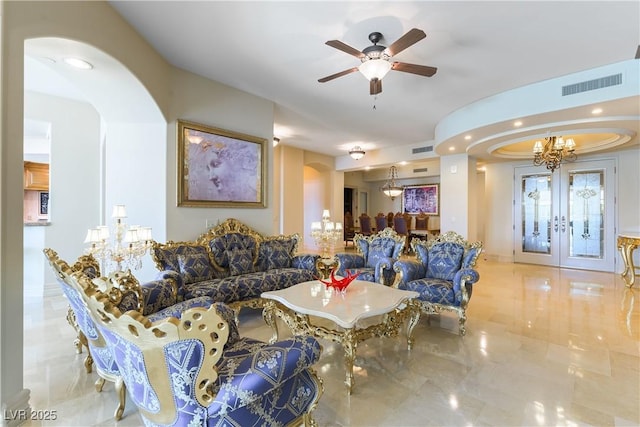 9101 Alta Dr Unit 301, Las Vegas, NV 89145 - living room featuring arched walkways, a chandelier, marble tiled floors, a ceiling fan, and recessed lighting