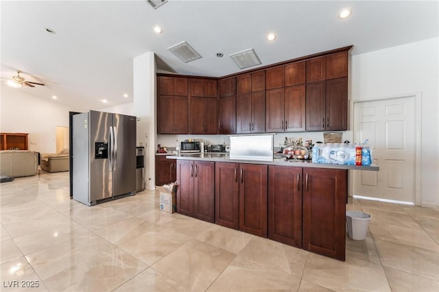 7720 W Agate Ave, Las Vegas, NV 89113 - kitchen featuring stainless steel appliances, lofted ceiling, recessed lighting, open floor plan, and a ceiling fan