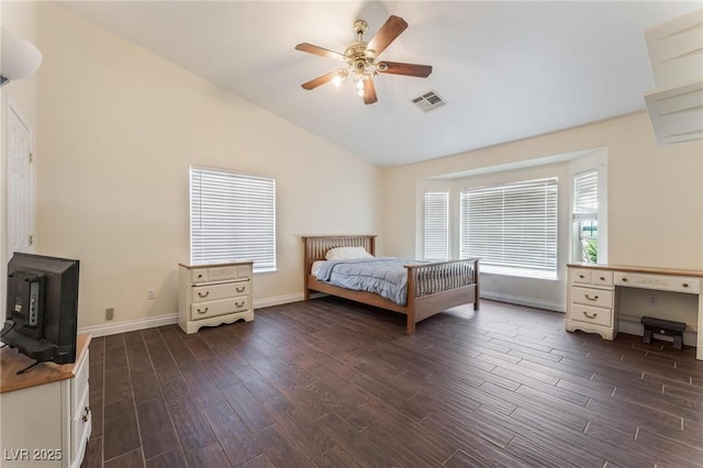 7720 W Agate Ave, Las Vegas, NV 89113 - bedroom with lofted ceiling, dark wood-type flooring, a wood stove, and a ceiling fan
