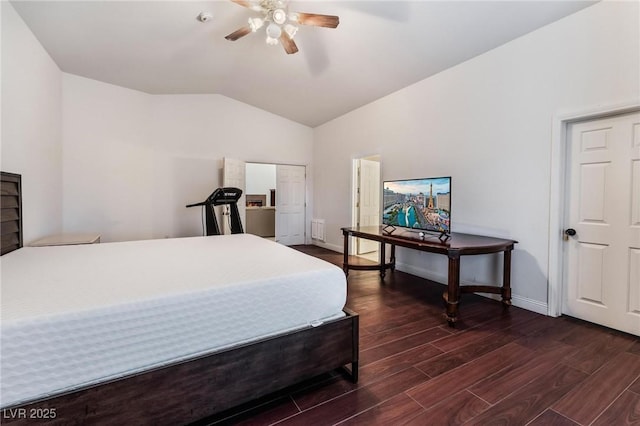 7720 W Agate Ave, Las Vegas, NV 89113 - bedroom featuring dark wood finished floors, lofted ceiling, and ceiling fan