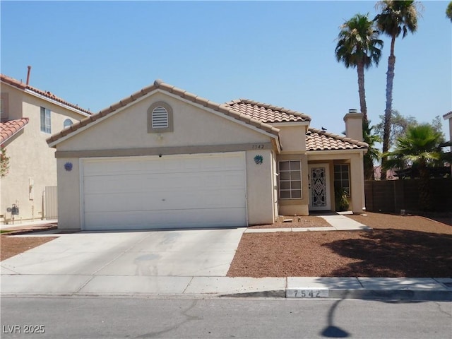 7542 Mycroft Ct, Las Vegas, NV 89147 - mediterranean / spanish-style home with a tile roof, stucco siding, an attached garage, concrete driveway, and a chimney