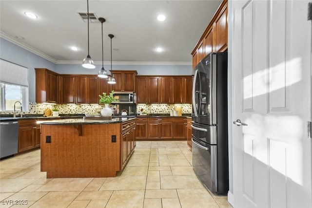 8209 Chapelle Ct, Las Vegas, NV 89131 - kitchen featuring appliances with stainless steel finishes, tasteful backsplash, a center island, a kitchen bar, and ornamental molding