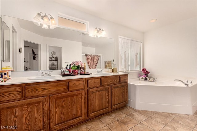 6781 Southgate St, Pahrump, NV 89061 - full bathroom with double vanity, a garden tub, tile patterned flooring, and a shower with shower curtain