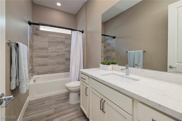10349 Bressana Dr, Las Vegas, NV 89135 - full bath featuring vanity, shower / bath combo with shower curtain, wood finished floors, and recessed lighting