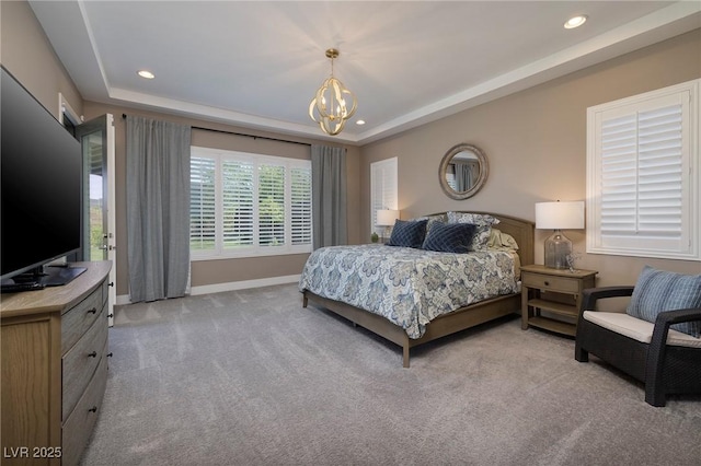 10349 Bressana Dr, Las Vegas, NV 89135 - carpeted bedroom with a chandelier, a raised ceiling, and recessed lighting