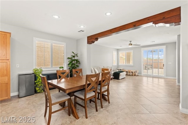 11274 Civita St, Las Vegas, NV 89141 - dining space with recessed lighting, ceiling fan, beamed ceiling, and light tile patterned floors