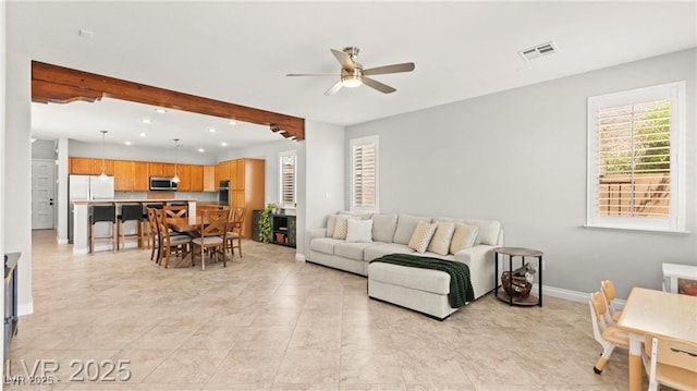 11274 Civita St, Las Vegas, NV 89141 - living area with ceiling fan, recessed lighting, and beam ceiling