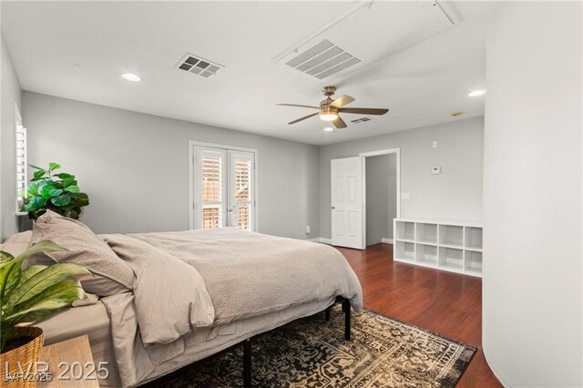 11274 Civita St, Las Vegas, NV 89141 - bedroom featuring access to outside, dark wood finished floors, ceiling fan, and recessed lighting