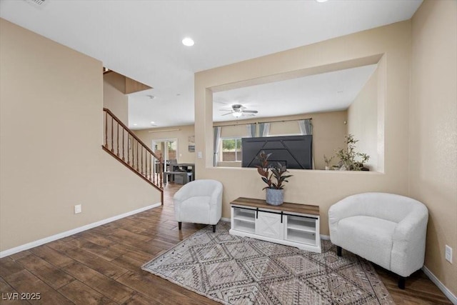7028 Weavers Pl, North Las Vegas, NV 89084 - living area with stairway, wood finished floors, a ceiling fan, and recessed lighting