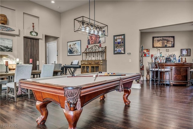 7670 Frittata Ave, Las Vegas, NV 89113 - game room with a dry bar, billiards, wood finished floors, recessed lighting, and a high ceiling