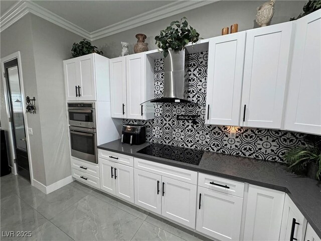 2891 S Rainbow Ave, Pahrump, NV 89048 - kitchen featuring double oven, black electric cooktop, dark countertops, backsplash, and ornamental molding