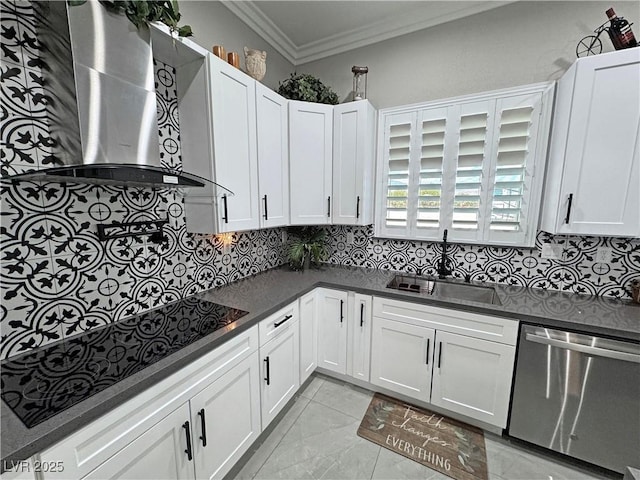 2891 S Rainbow Ave, Pahrump, NV 89048 - kitchen with stainless steel dishwasher, ventilation hood, crown molding, dark countertops, and decorative backsplash
