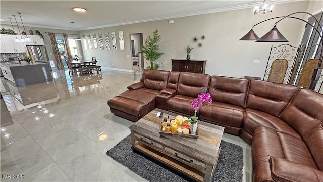 2891 S Rainbow Ave, Pahrump, NV 89048 - living room featuring ornamental molding, recessed lighting, and light marble finish floors