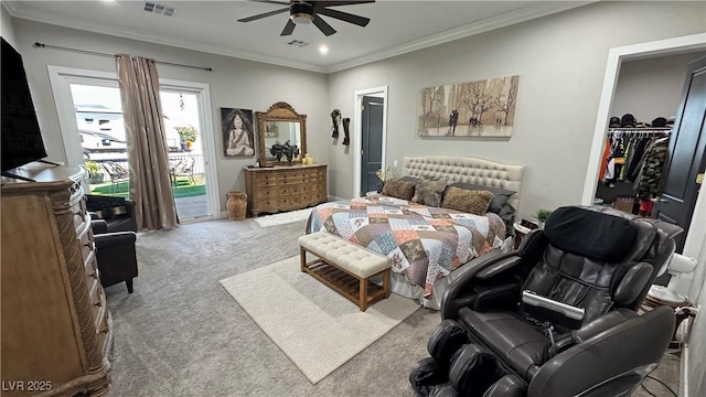 2891 S Rainbow Ave, Pahrump, NV 89048 - bedroom featuring carpet flooring, access to exterior, recessed lighting, crown molding, and a ceiling fan