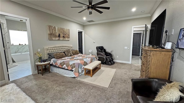 2891 S Rainbow Ave, Pahrump, NV 89048 - bedroom featuring carpet flooring, crown molding, recessed lighting, and ceiling fan