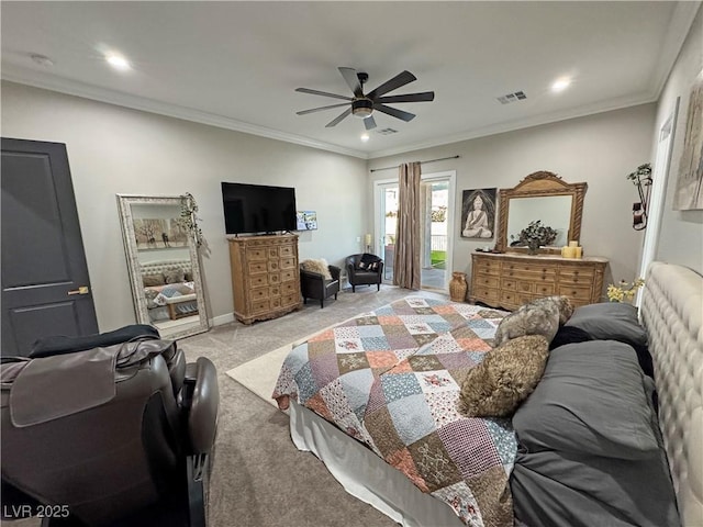 2891 S Rainbow Ave, Pahrump, NV 89048 - bedroom featuring light colored carpet, access to exterior, recessed lighting, ceiling fan, and ornamental molding