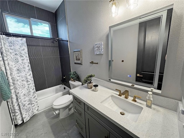 2891 S Rainbow Ave, Pahrump, NV 89048 - full bathroom featuring vanity, shower / bathtub combination with curtain, a textured wall, and tile patterned flooring