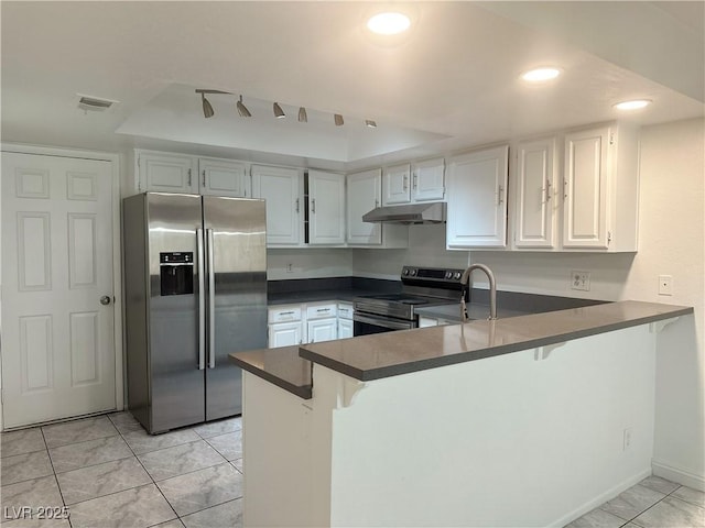 6250 W Flamingo Rd Unit 88, Las Vegas, NV 89103 - kitchen featuring appliances with stainless steel finishes, under cabinet range hood, a peninsula, a raised ceiling, and recessed lighting