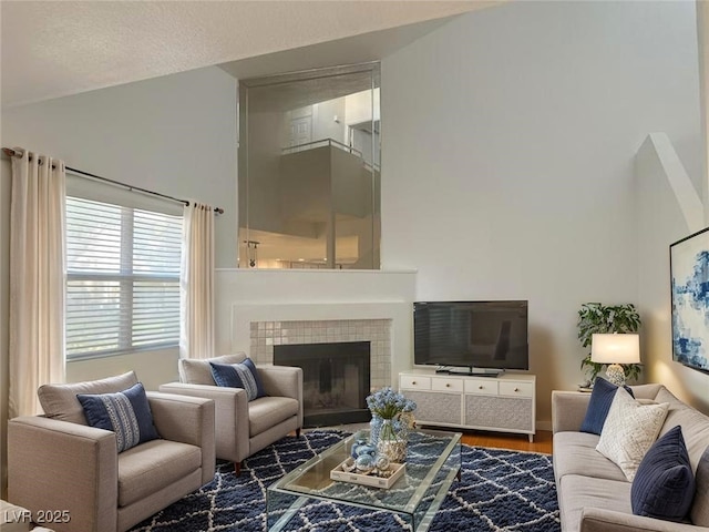 6250 W Flamingo Rd Unit 88, Las Vegas, NV 89103 - living area featuring high vaulted ceiling, a fireplace, and wood finished floors