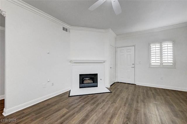 5250 S Rainbow Blvd Unit 1057, Las Vegas, NV 89118 - unfurnished living room featuring a ceiling fan, wood finished floors, crown molding, and a fireplace with flush hearth