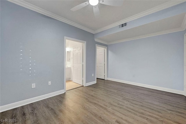 5250 S Rainbow Blvd Unit 1057, Las Vegas, NV 89118 - unfurnished bedroom featuring wood finished floors, ornamental molding, ensuite bath, and a ceiling fan