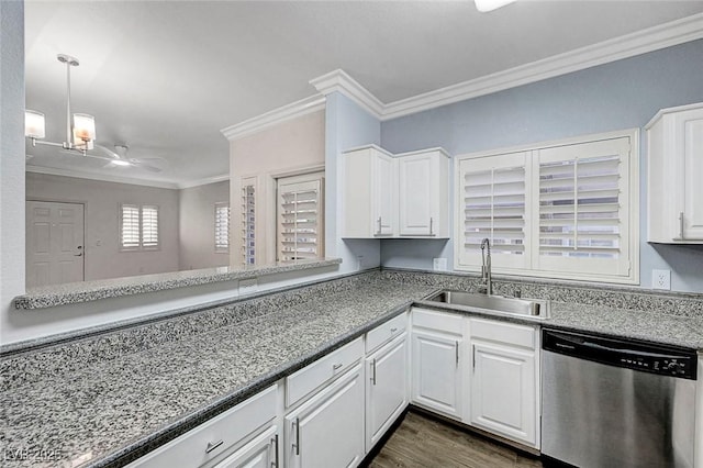 5250 S Rainbow Blvd Unit 1057, Las Vegas, NV 89118 - kitchen featuring dishwasher, crown molding, white cabinets, dark wood-type flooring, and pendant lighting