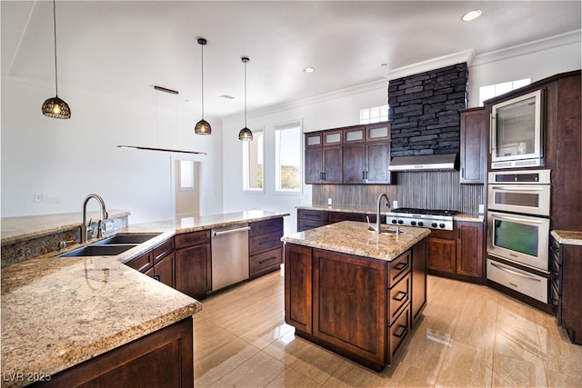 1319 Red Baron Ln, Boulder City, NV 89005 - kitchen featuring a warming drawer, appliances with stainless steel finishes, a kitchen island with sink, under cabinet range hood, and glass insert cabinets