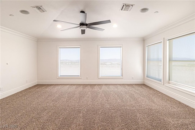 1319 Red Baron Ln, Boulder City, NV 89005 - unfurnished room featuring ornamental molding, light colored carpet, a ceiling fan, and recessed lighting